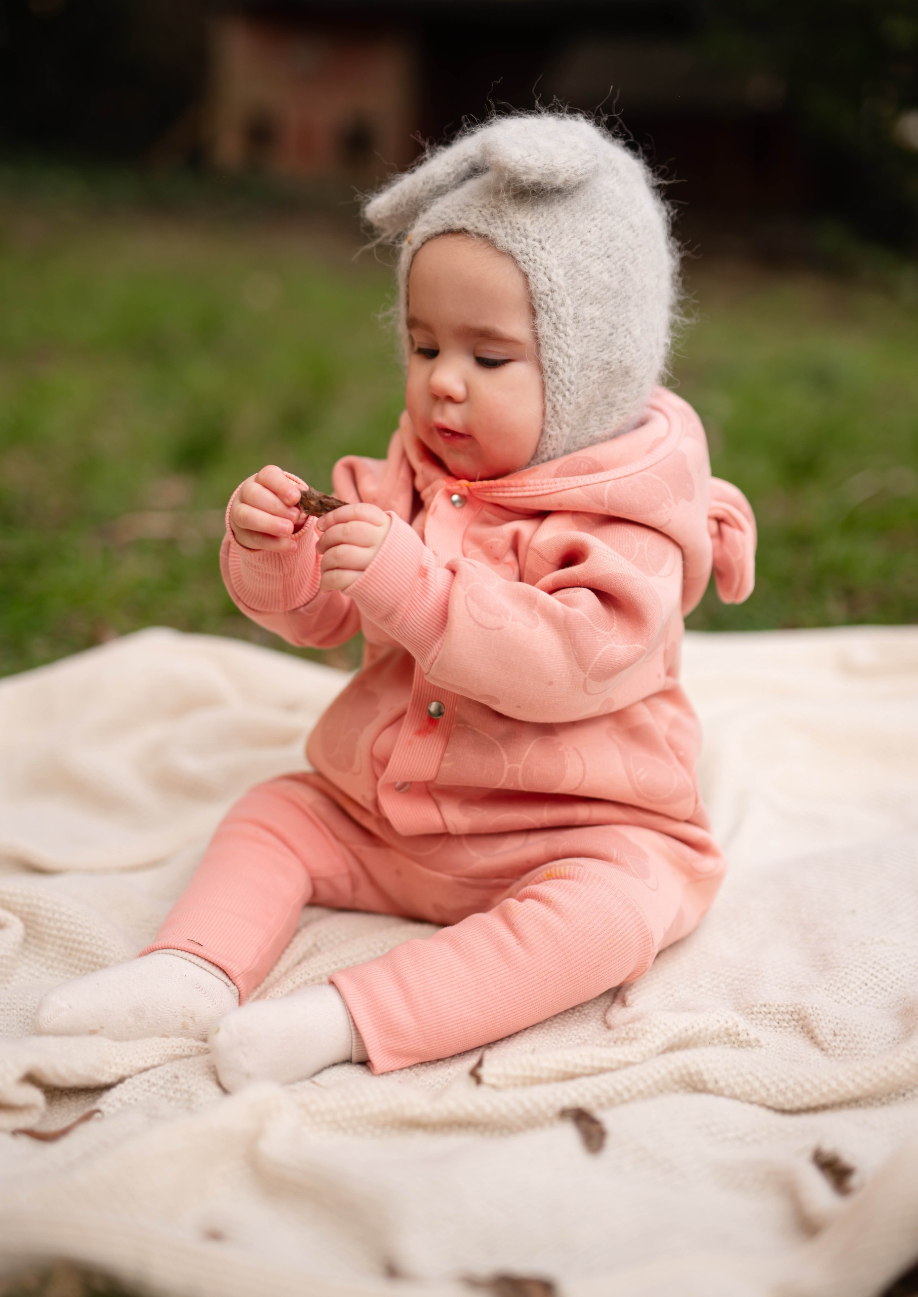 Baby Jumpsuit with Hood - Bear in Glasses on Peach Print | Hertwill