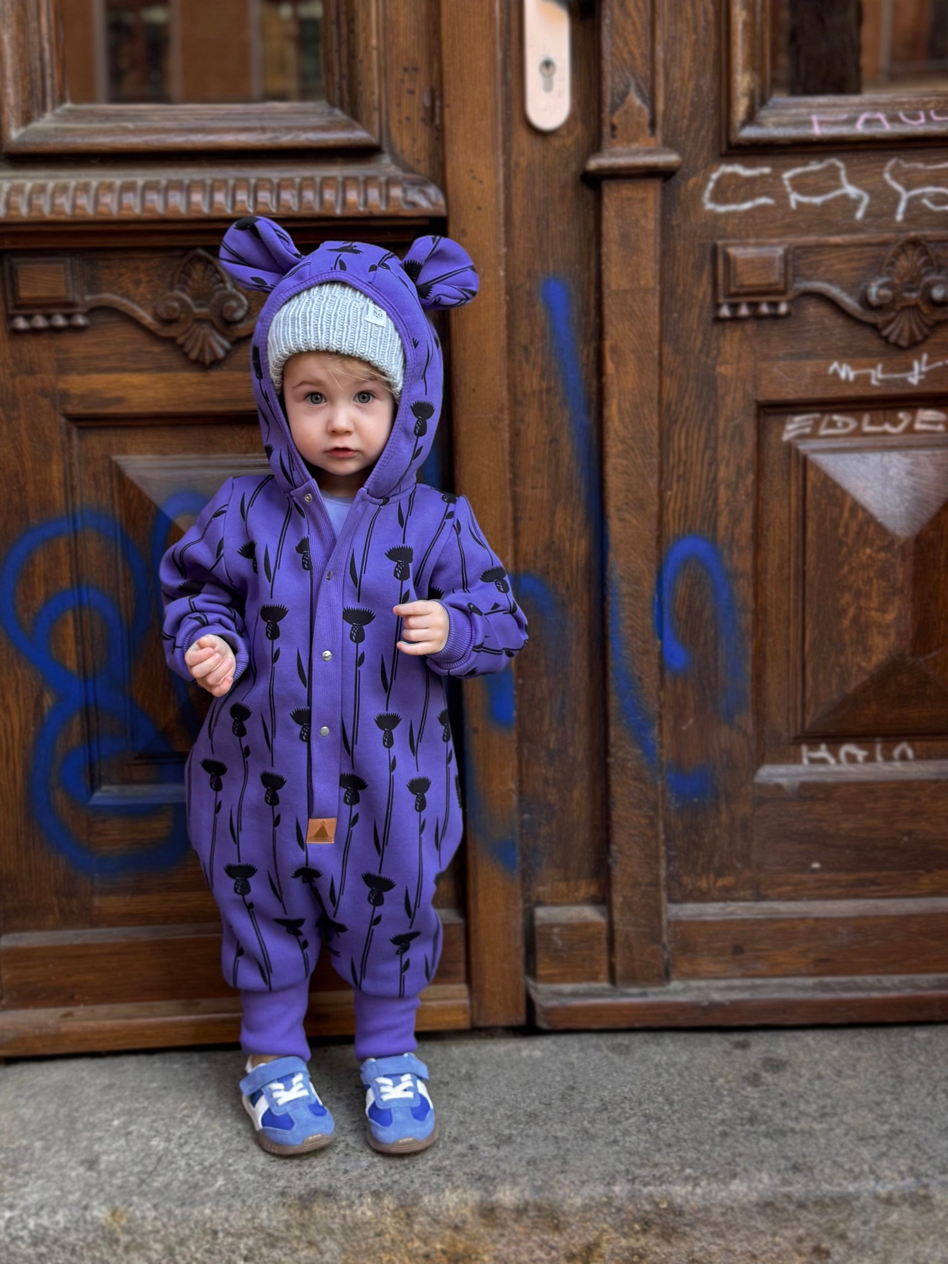 Baby Jumpsuit with Hood - Thistle on Purple | Hertwill